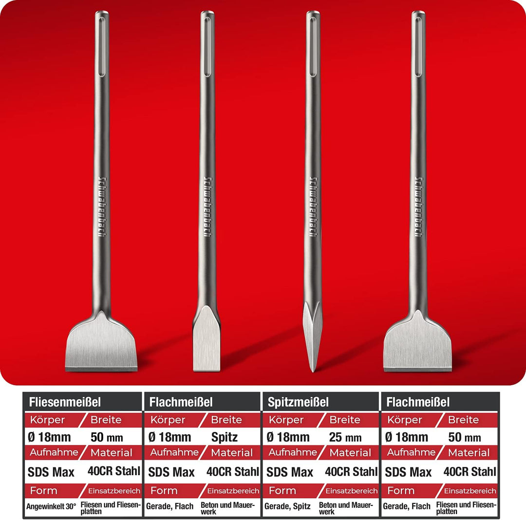 SCHWABENBACH ® SDS Max Meissel Set - 4tlg. 25mm + 50mm + 50mm (Abgewinkelt) + Spitzmeissel - EXTREM