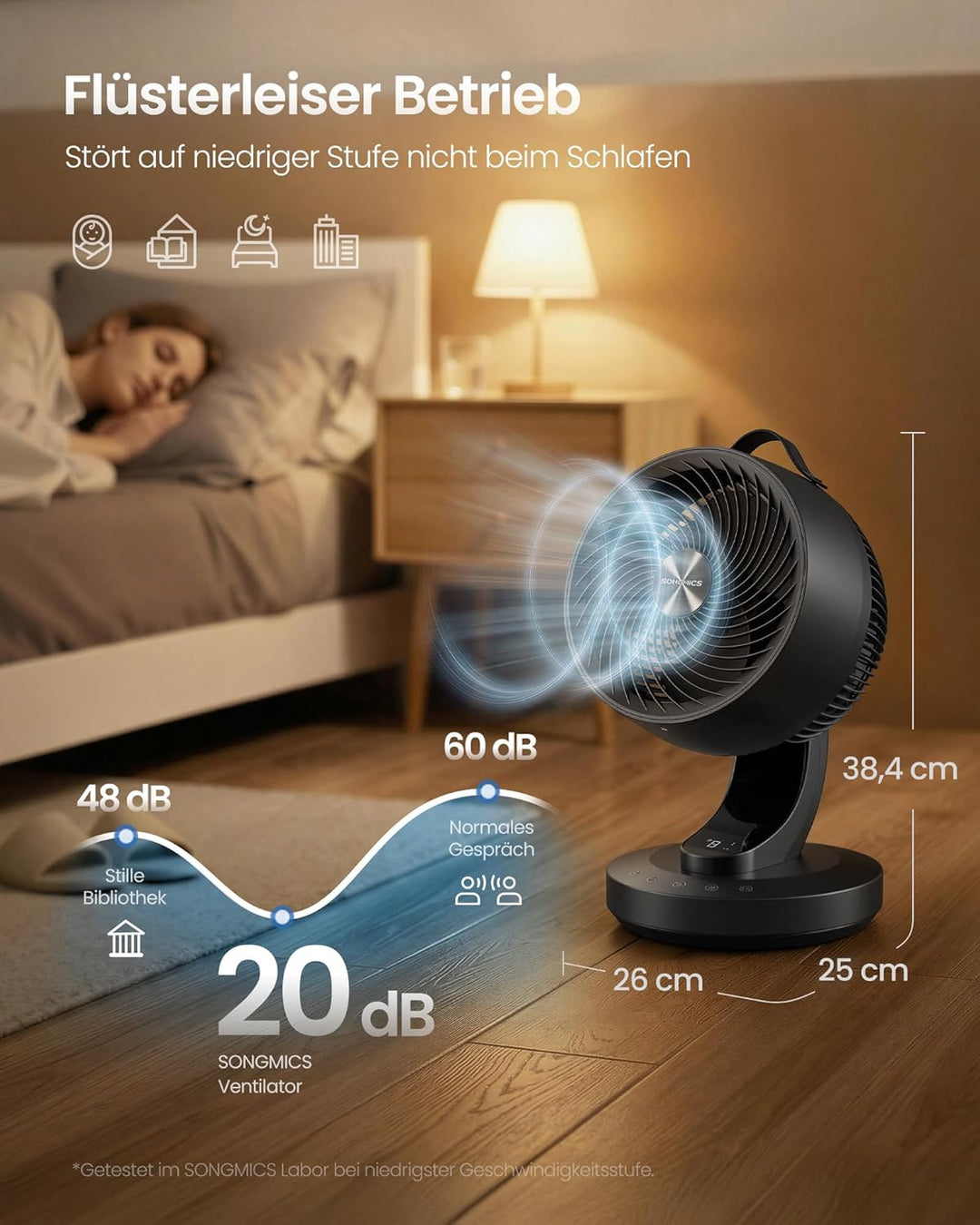 SONGMICS Tischventilator, Ventilator leise 20 dB, Luftzirkulator LED-Display, Fernbedienung, effizie