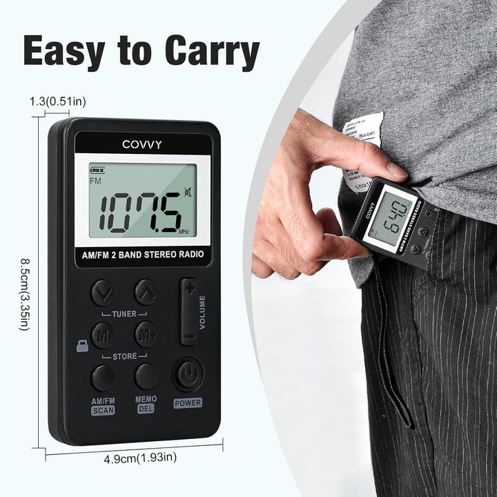 AM/FM Tragbares Radio,Covvy Digitales Pocket Mini Radio mit 500mAh 3.7V Wiederaufladbarer Akku und K