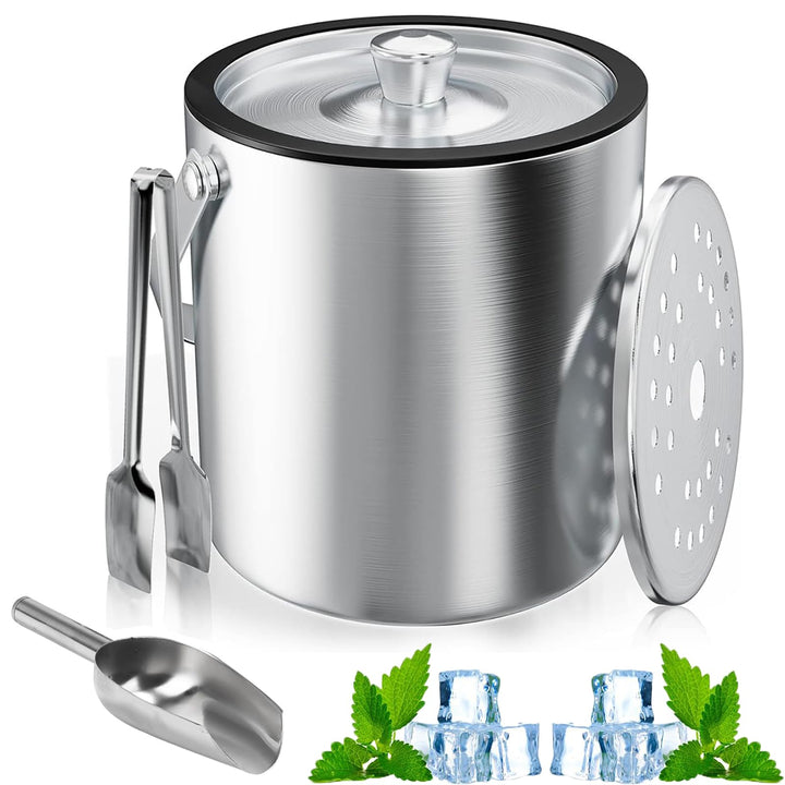 Eiswürfelbehälter, 2L Eisbehälter rund mit Sieb und Eiszange, Eiswürfelbehälte, Edelstahl Eisbehälte