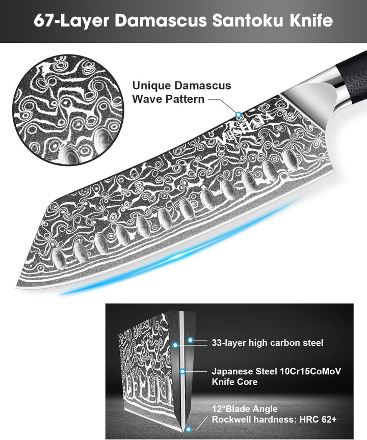 MOSFiATA Damast Santokumesser Scharf 7 Zoll, Küchenmesser Damastmesser Japanisches Messer Chef Knife