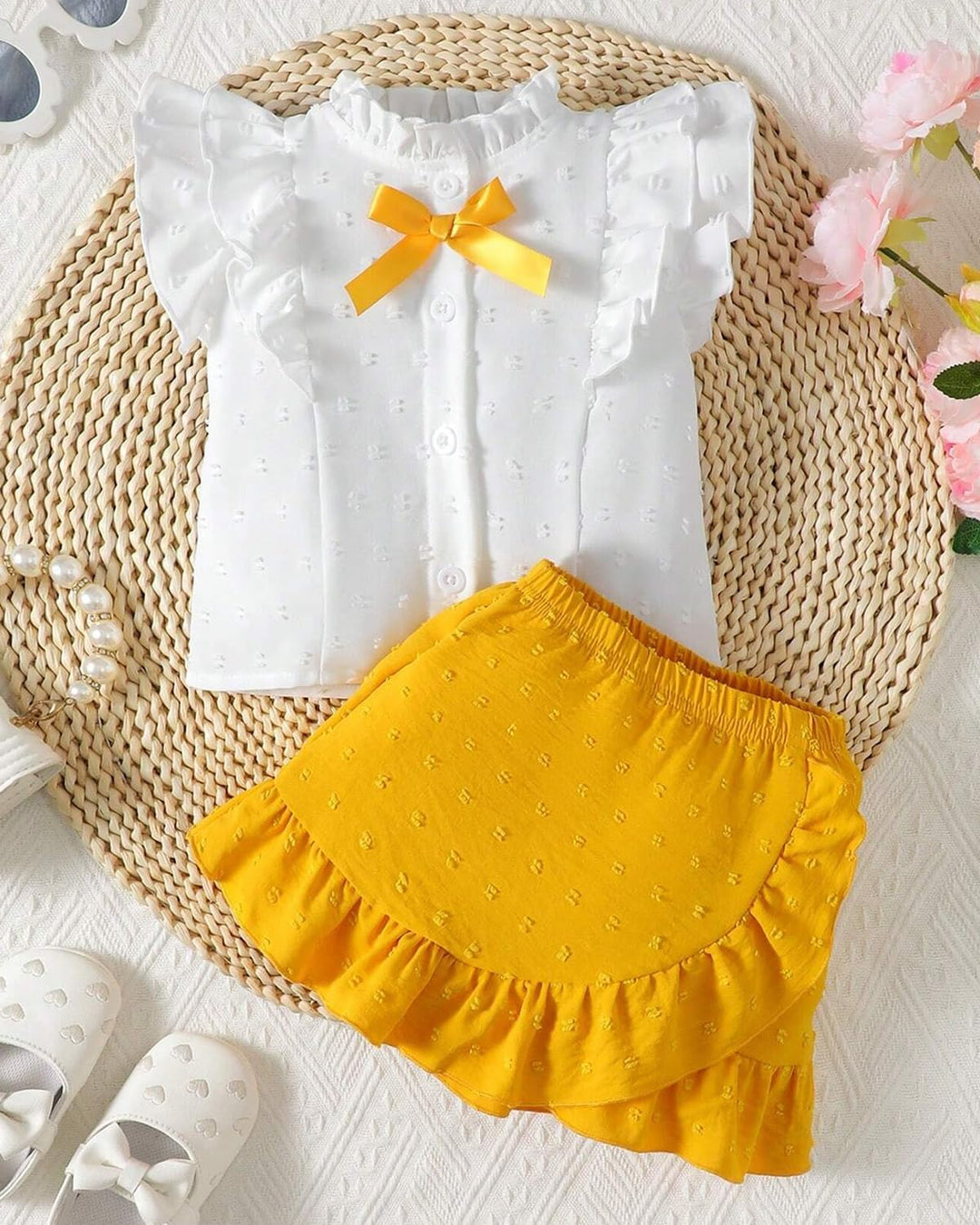 Baby Mädchen Rock Set Rüschen Ärmellose Bluse mit Schleife & Eleganter Schweizer Punkten Rock 2Pcs S