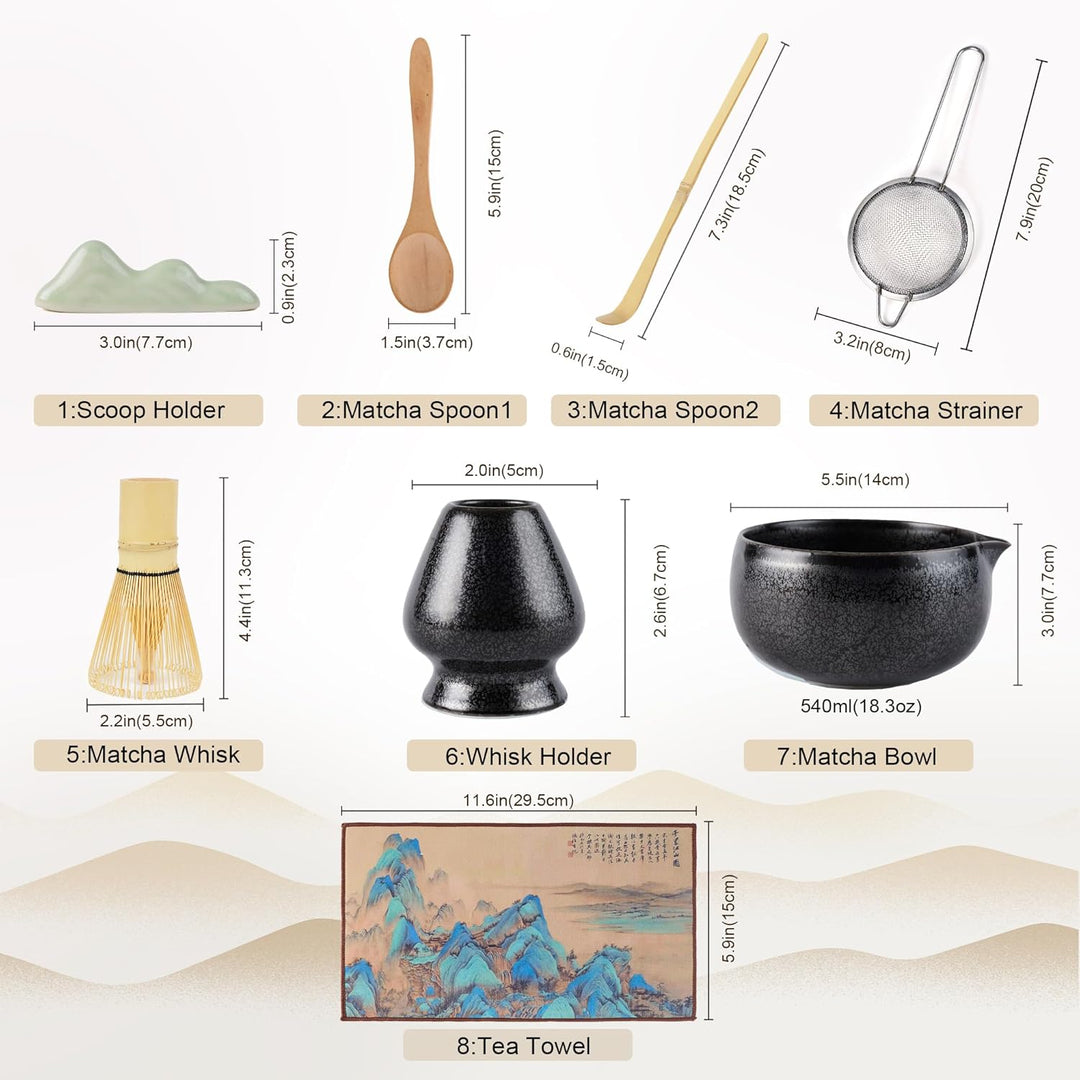 Premium Matcha Tea Set 8- piece Matcha Broom Set with Whisk, Broom Holder, Ceramic Bowl, 2 Teaspoons