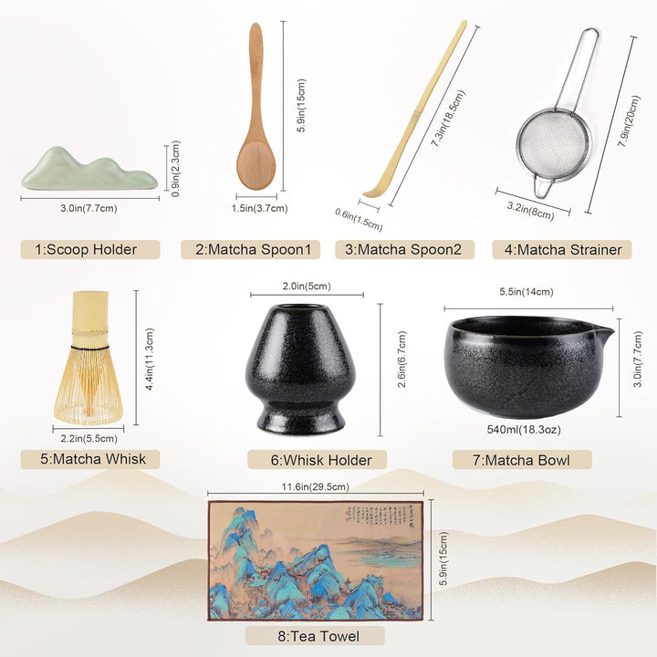 Premium Matcha Tea Set 8- piece Matcha Broom Set with Whisk, Broom Holder, Ceramic Bowl, 2 Teaspoons