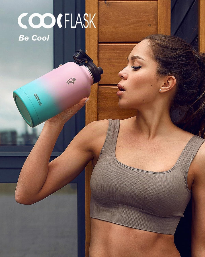 Coolflask Isolierte Wasserflasche 2L mit Strohhalm &amp; 3 Deckeln, Edelstahl Isolierte Wasserflasche fü