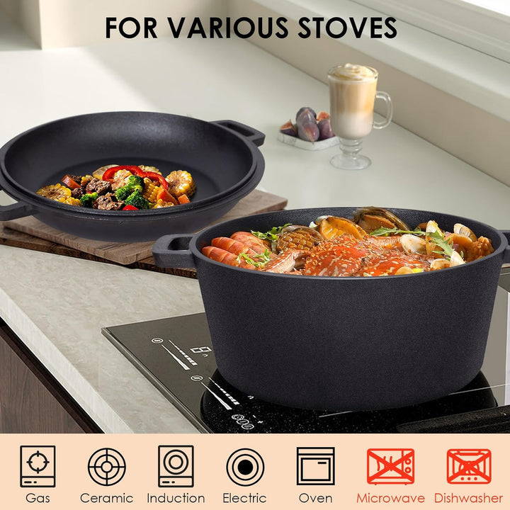 Todeco 26cm Gusseisen Bräter mit Deckel backofengeeignet, 5L 2in1 Gusseisen Topf inkl. Rezeptbuch, B