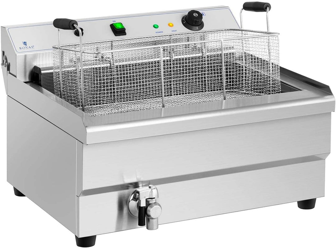 Royal Catering Fettbackgerät Edelstahl mit Ablage 30 L 9000 W 60-200 °C Kaltzone Fettablaufhahn Abde