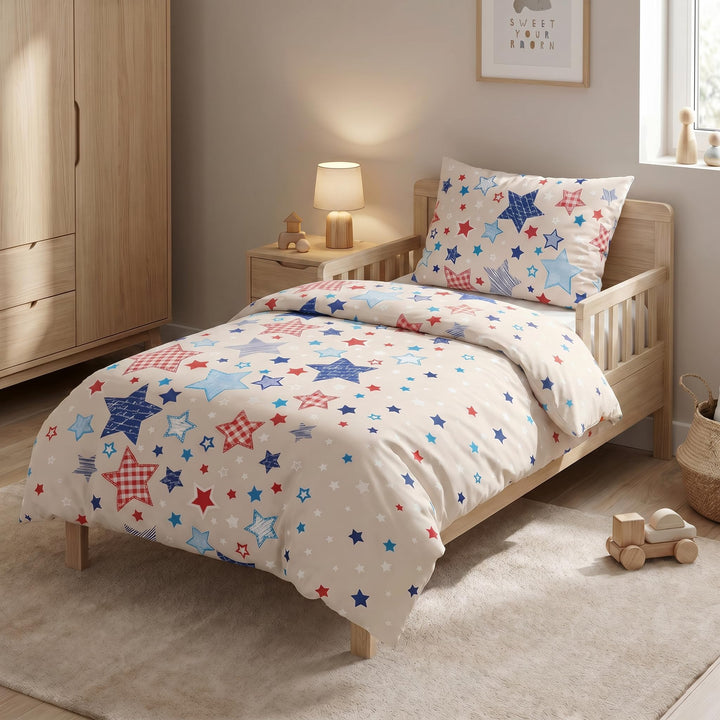 LINKHOFF Sterne Babybettwäsche 100 x 135 | Flanell Kinderbettwäsche 135x100 Beige Blau | Fein-Biber