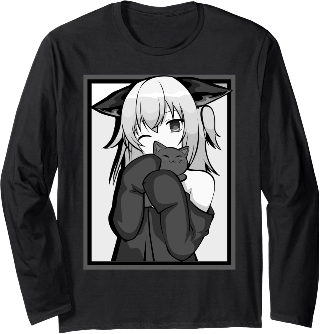 Anime-Girl, niedliches Katzen-Design, Schwarz und Weiss Langarmshirt