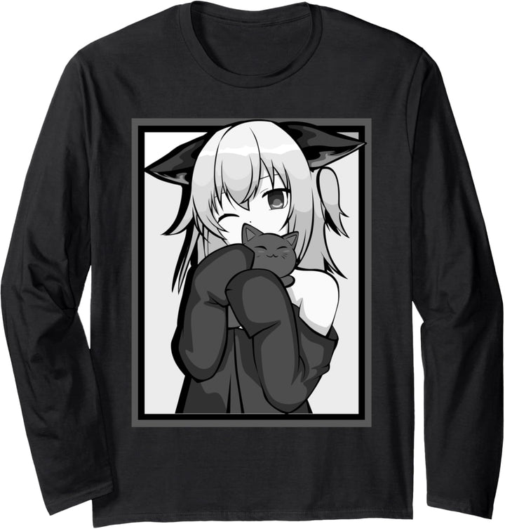 Anime-Girl, niedliches Katzen-Design, Schwarz und Weiss Langarmshirt
