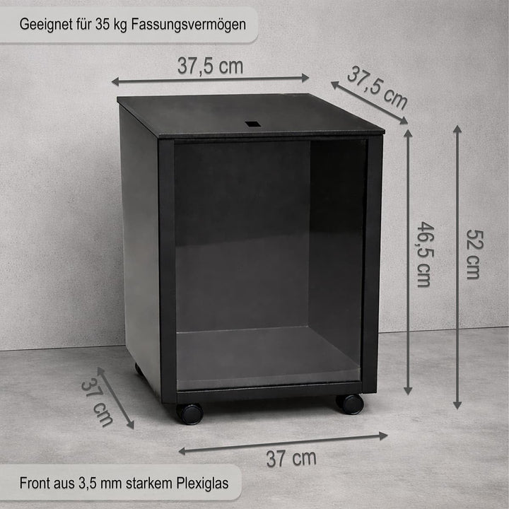 MS Beschläge Pelletsbox mit Frontscheibe Pelletkorb Pelletbehälter Schwarz beschichtet mit Rollen 39
