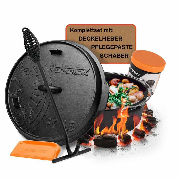 Petromax Feuertopf ft4,5-t Einsteiger-Set - Dutch Oven mit Standfüssen inklusive Deckelheber, Pflege