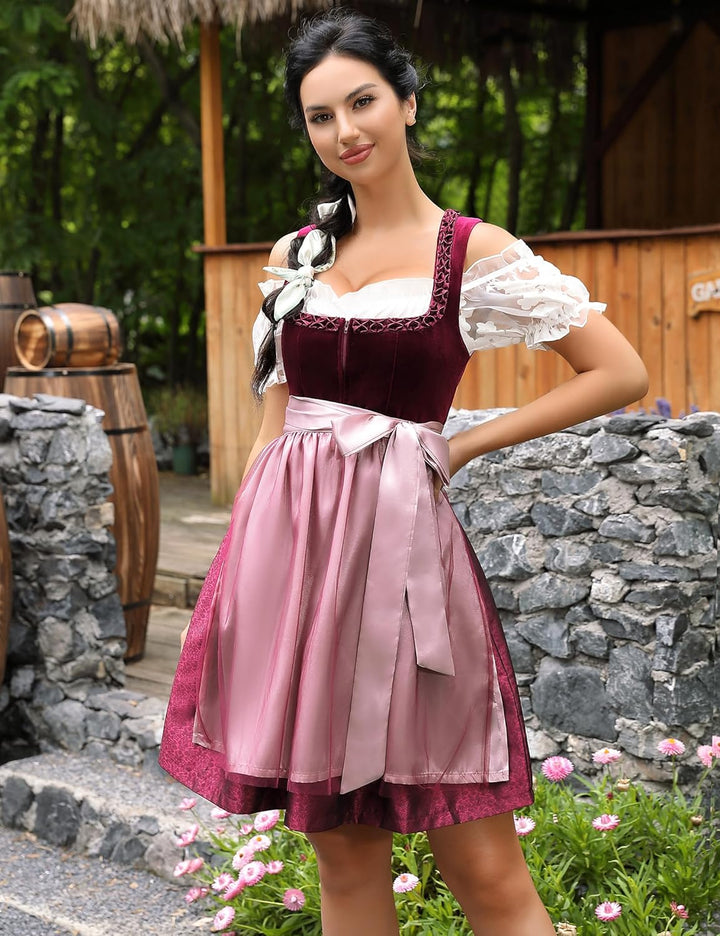 KOJOOIN Trachtenkleid Damen Dirndl Kurz Midi 3tlg. für Oktoberfest-DREI Teilig: Kleid, Bluse, Schürz