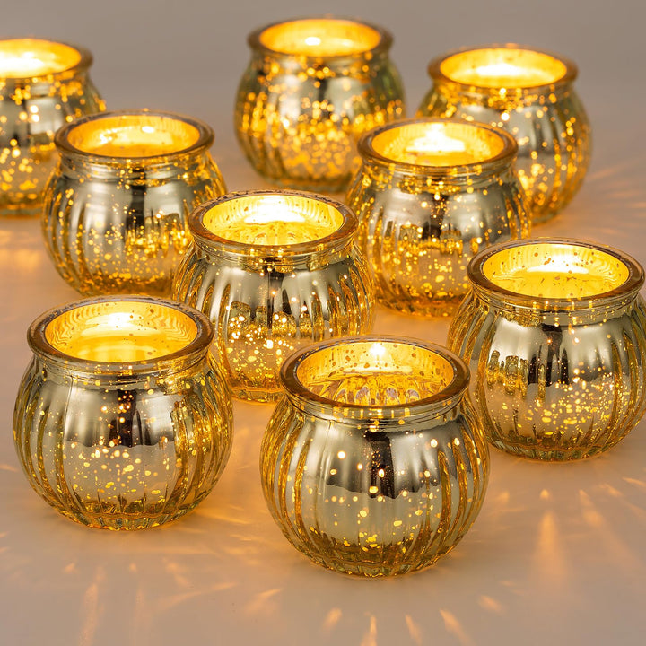 NUPTIO Glas Teelichtgläser Gold Teelichthalter: 12 Stück Teelichter Halter Gerippt Teelichter Kürbis