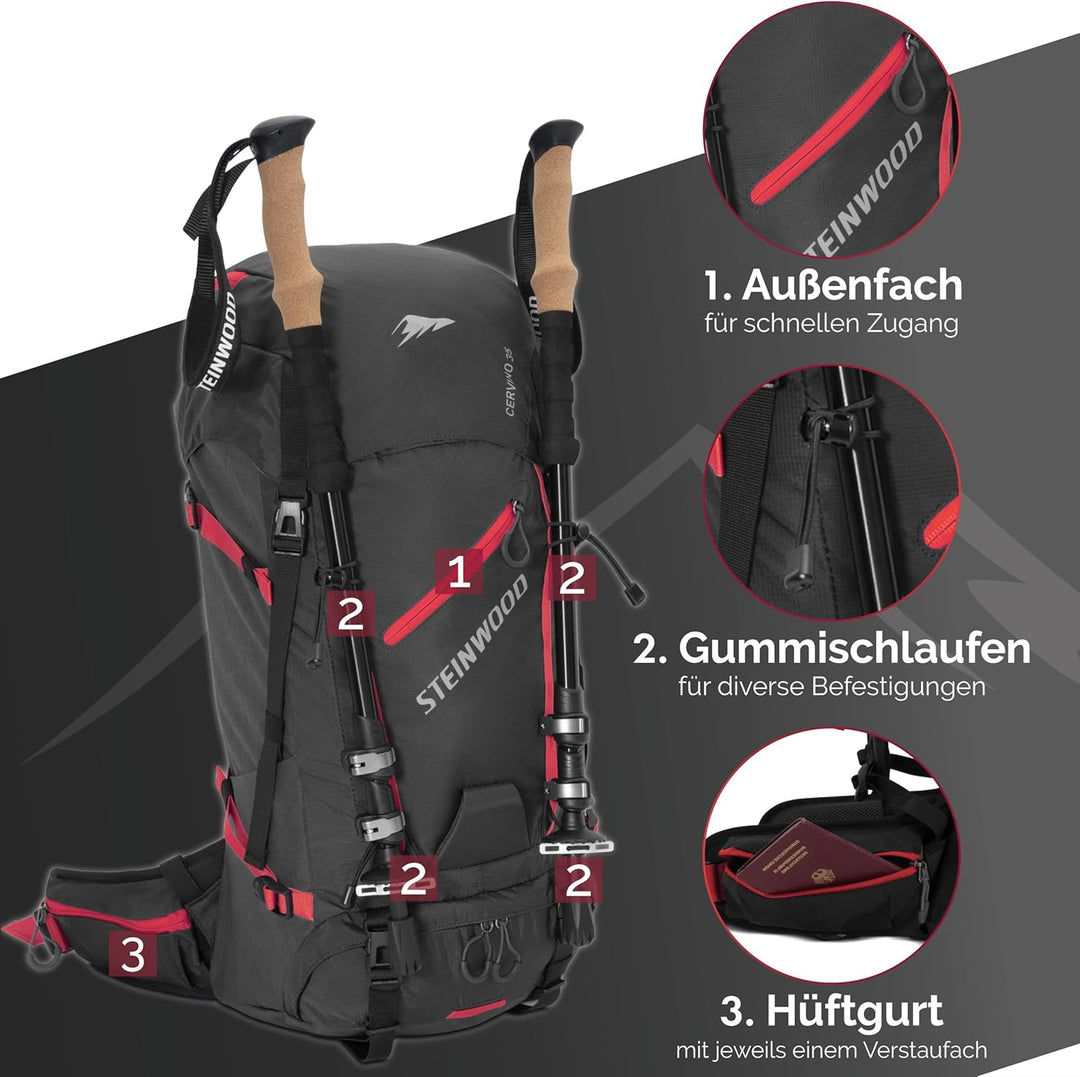 Steinwood Wanderrucksack Herren & Damen 35L - Outdoor-Rucksack, Reiserucksack, Tagesrucksack wassera