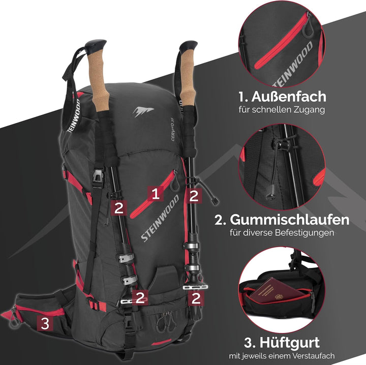 Steinwood Wanderrucksack Herren & Damen 35L - Outdoor-Rucksack, Reiserucksack, Tagesrucksack wassera