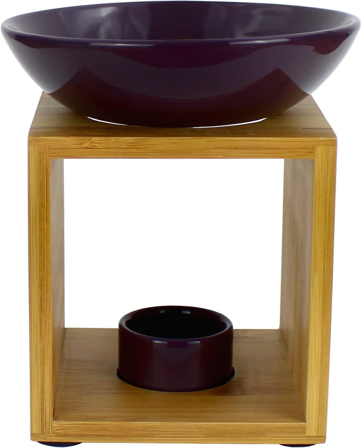 Bitto Duftlampe Malmö Aubergine mit Kerze, grosse Schale, Fair Trade, Aromalampe aus Bambusholz und