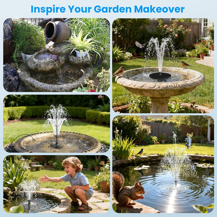 Biling 12W Solar Springbrunnen für aussen mit 5000 mAh Akku, Leise 300 l/h Teichpumpe Solar mit 8 Dü