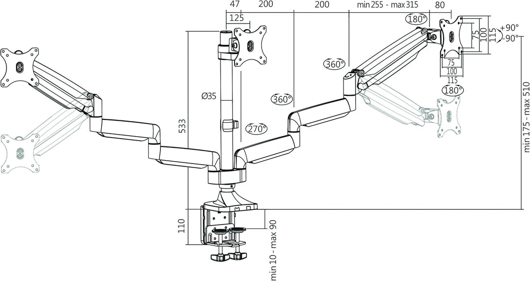 LogiLink BP0052 3-fach Monitor-Schreibtischständer 7 kg Belastung, 33,02-81,28 cm (13-32 Zoll) Silbe