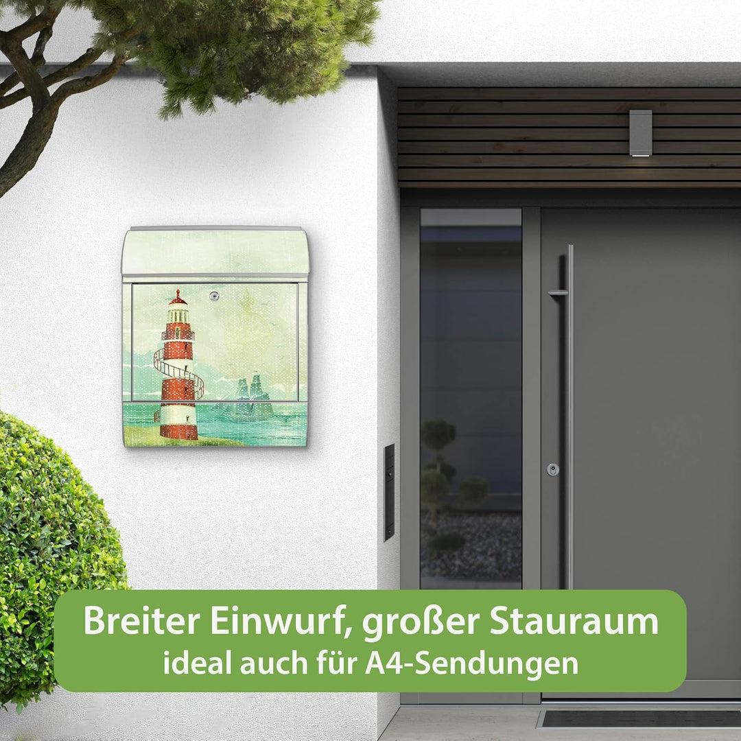banjado® Design Briefkasten mit Motiv Alter Leuchtturm 39x47x14cm &amp; 2 Schlüssel - Briefkasten Stahl
