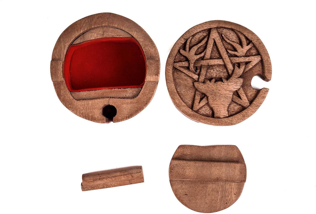 WINDALF Zauberdose CERNUNNOS Ø 9 cm Hirsch & Pentagramm Schmuckdose Handarbeit aus Holz