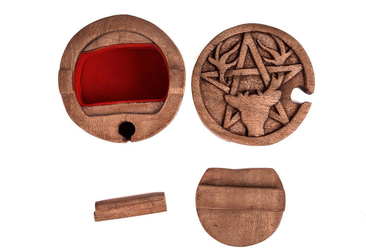 WINDALF Zauberdose CERNUNNOS Ø 9 cm Hirsch & Pentagramm Schmuckdose Handarbeit aus Holz