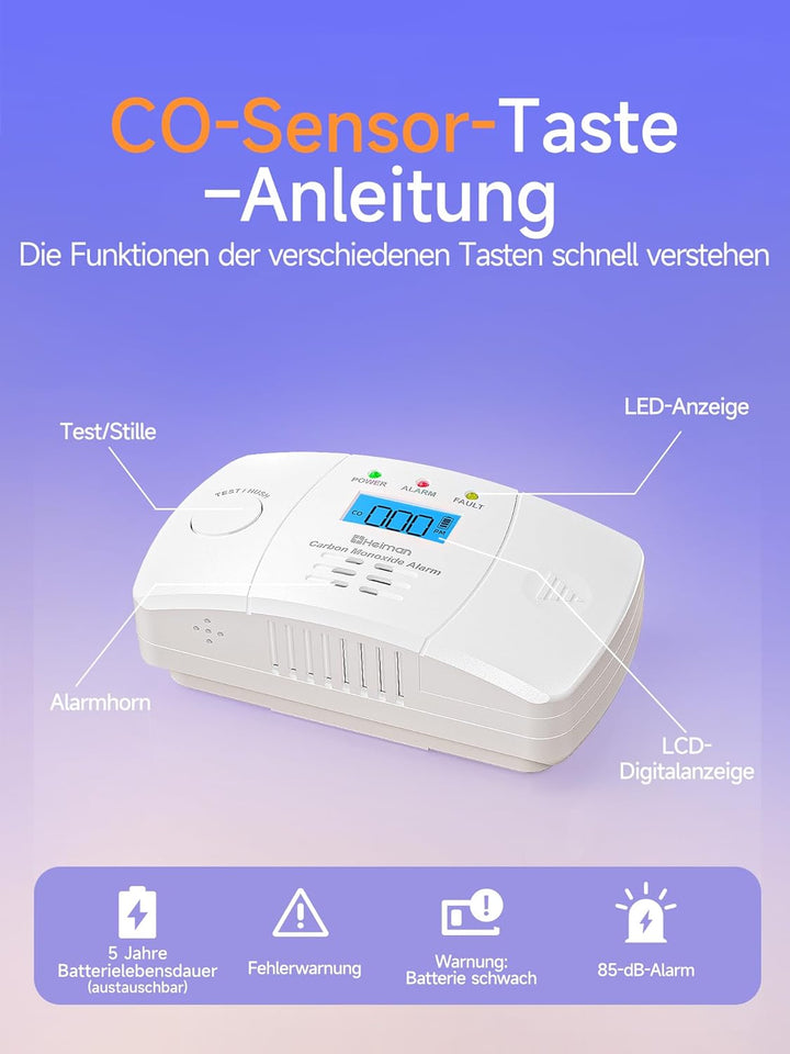 Heiman CO Melder mit Digitalanzeige, BSI Zertifiziert nach EN 50291,Kohlenmonoxidmelder, 10-Jahren L