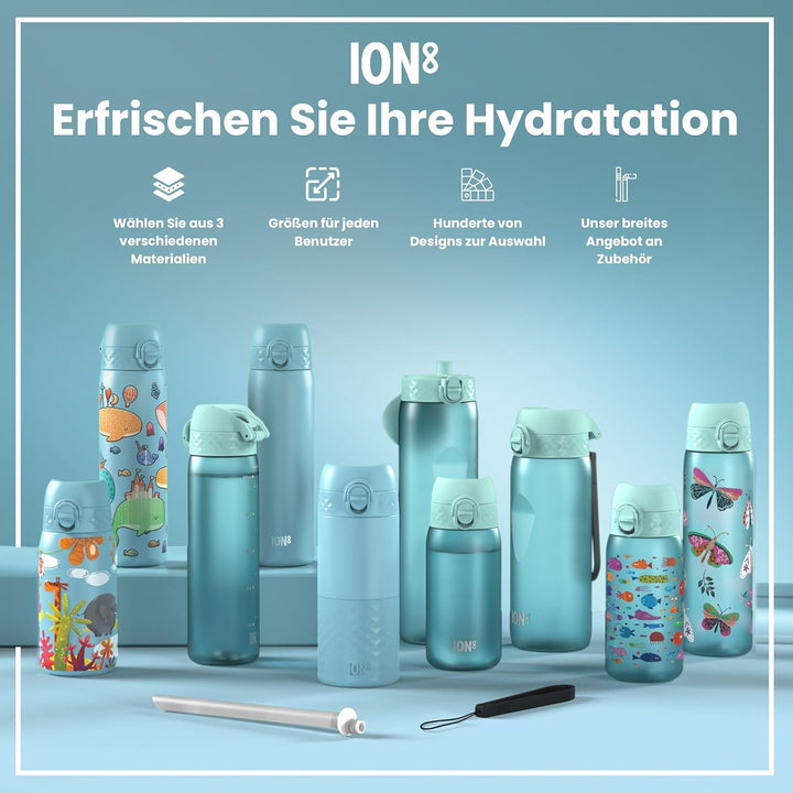ion8 Trinkflasche, 500 ml, Auslaufsicher, Einhandöffnung, Sichere Verriegelung, Spülmaschinenfest, B