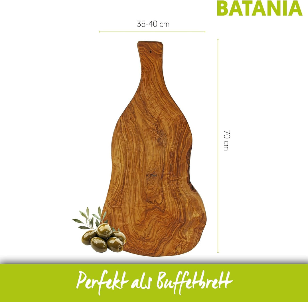 BATANIA Olivenholzbrett, Brotzeitplatte, Holzbrett für Buffet, gross mit Griff | Länge ca. 70 cm, Br