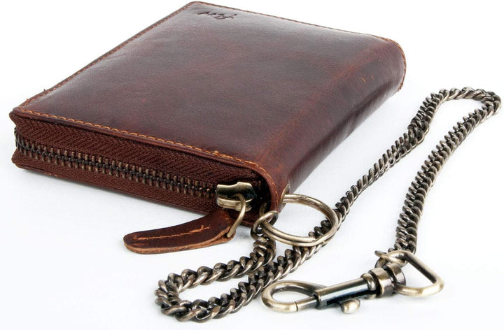 FLW Herren Biker Reissverschluss Naturleder Geldbörse mit einer Metallkette