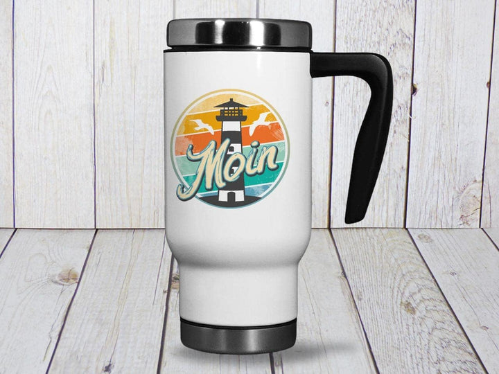 Maritimer 'Moin' Thermobecher mit Leuchtturm und Möwen Motiv – Isolierbecher aus Edelstahl, 470ml -