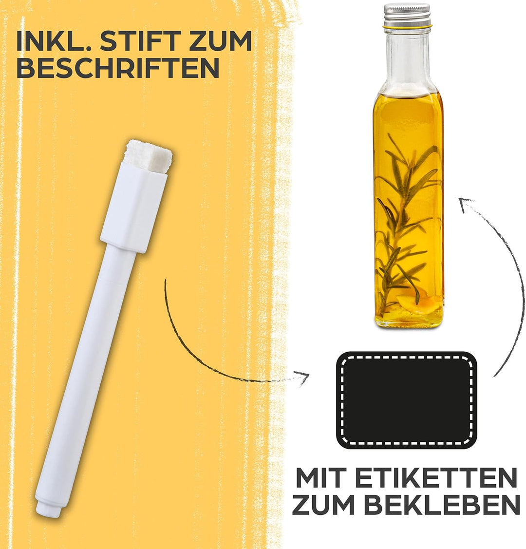 Praknu 12er Set Glasflaschen 250ml Schraubverschluss Eckig - Leere Flaschen zum Befüllen - 12 Etiket
