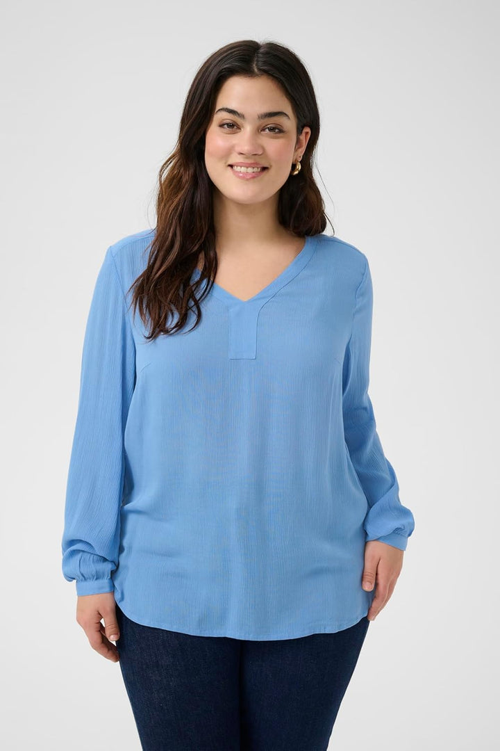 KAFFE CURVE Langarm-Bluse KCami Damen Bluse Langarm V-Ausschnitt Lassig Langarmshirt Grosse Grössen
