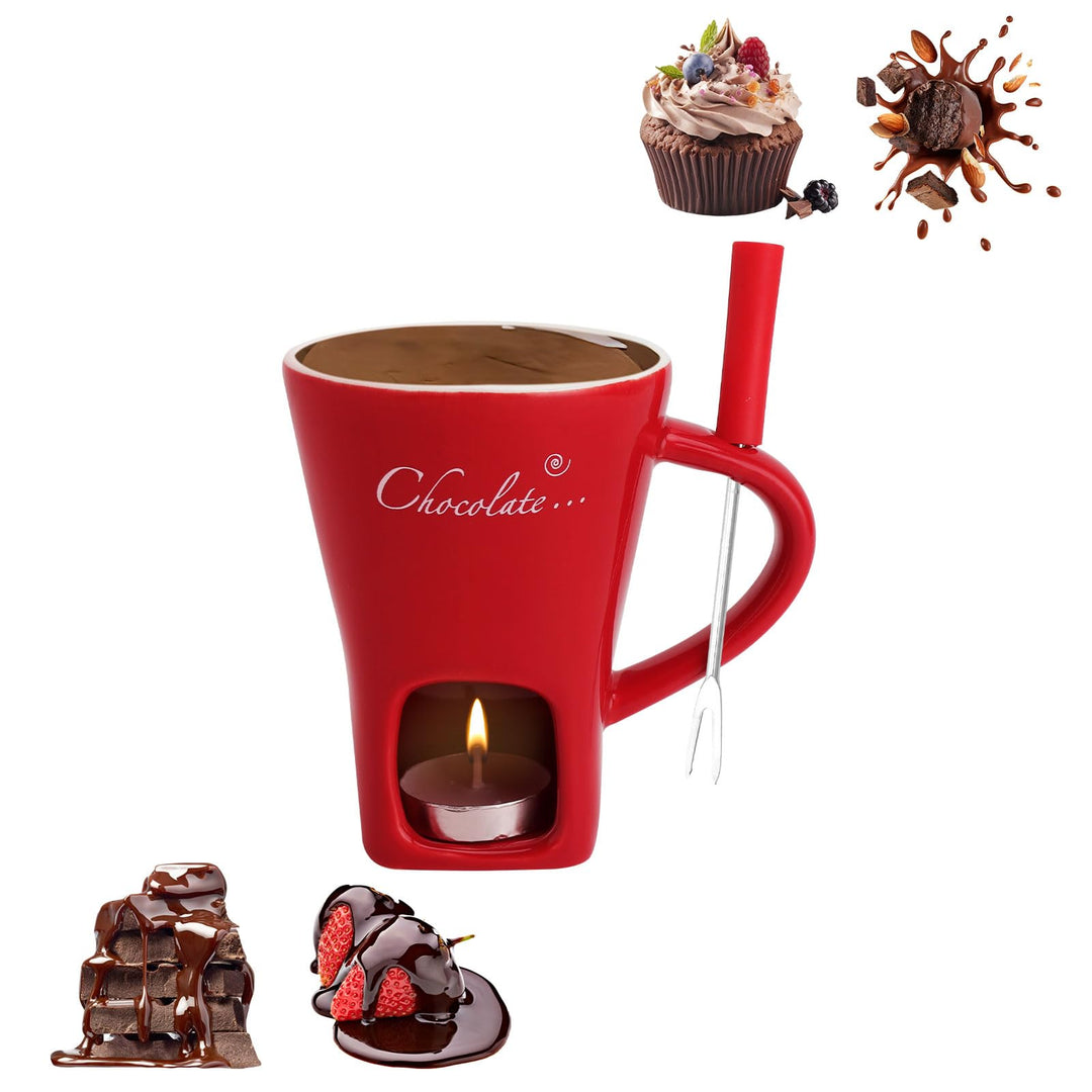 Schokofondue Tasse Keramik 130ML Schoko Fondue Cup mit Teelichthalter und Gabeln Schokoladenfondue S