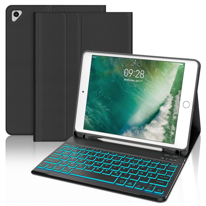 Hülle mit Tastatur für iPad 6. Generation 9.7 Zoll, 7-Farbige Beleuchtung, Magnetisch Abnehmbarer QW