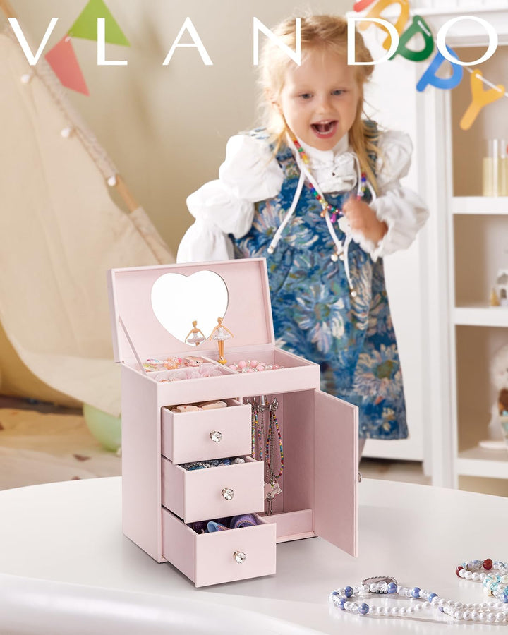 VLANDO Schmuckkästchen mit Spieluhr für Mädchen, grosse Spieluhr für Kinder mit Ballerina als Dekora