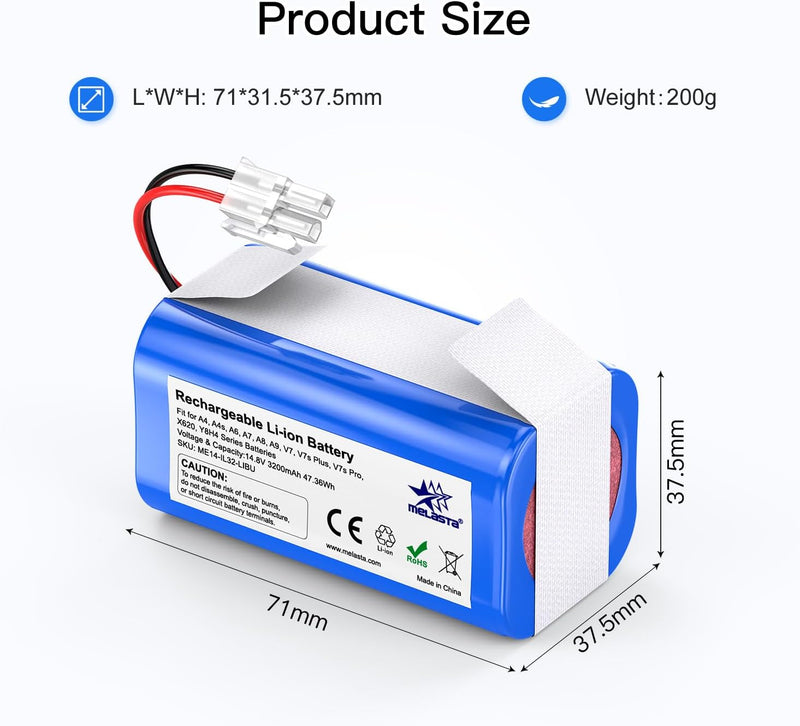 melasta 14,4V 3200 mAh Li-ion Ersatzakku Akku Batterie für iLife Staubsauger A4, A4s, A6,V7, A6, A7,