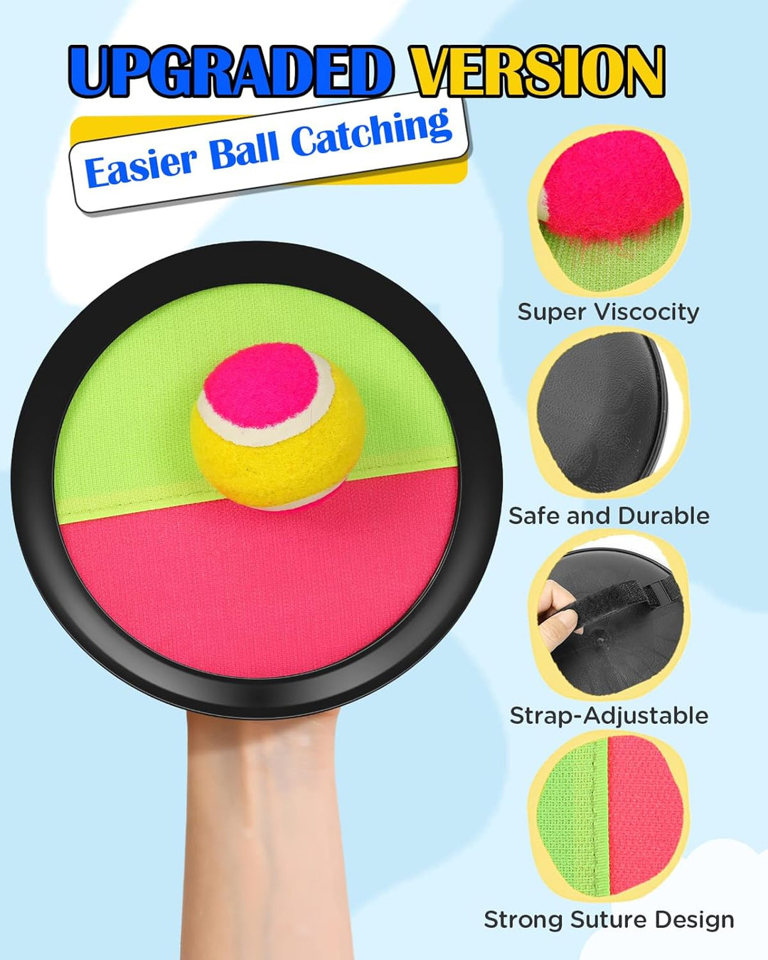Klettballspiel Klettball Set mit 4 Fangscheiben, 6 Bälle (4 Weiche & 2 Harte), Aufbewahrungstasche |