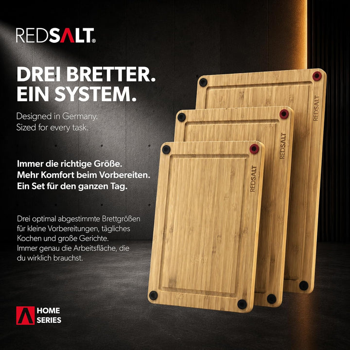 REDSALT® innovatives Bio Bambus Holz Schneidebrett 3er Set rutschfest | 38x26 32x22 26x18cm Holzbret