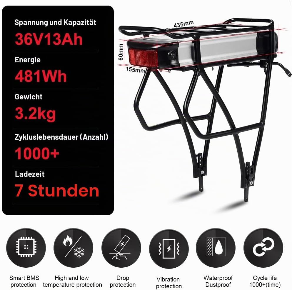 SEASON Gepäckträger Ebike Akku - 36V 13Ah 14.5Ah 15.6Ah 16Ah 17.4Ah Lithinum-Ionen Batterie für Elek
