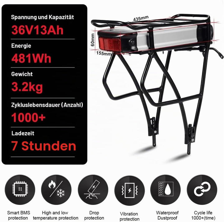 SEASON Gepäckträger Ebike Akku - 36V 13Ah 14.5Ah 15.6Ah 16Ah 17.4Ah Lithinum-Ionen Batterie für Elek