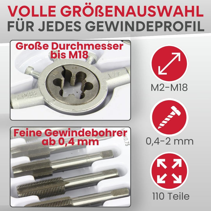 Set 110-tlg Gewindeschneider + Gewindebohrer | Metrisch | M2–M18 | 0,4-2mm | Innen- & Aussengewinde