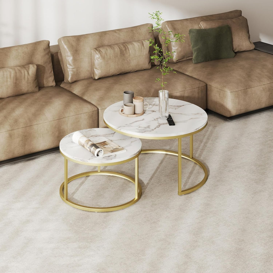 Soayone Couchtisch 2er Set, Marmor Couchtisch Gold, Wohnzimmertisch Weiss, Couchtische Rund, Tisch W