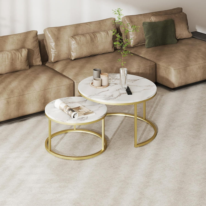 Soayone Couchtisch 2er Set, Marmor Couchtisch Gold, Wohnzimmertisch Weiss, Couchtische Rund, Tisch W