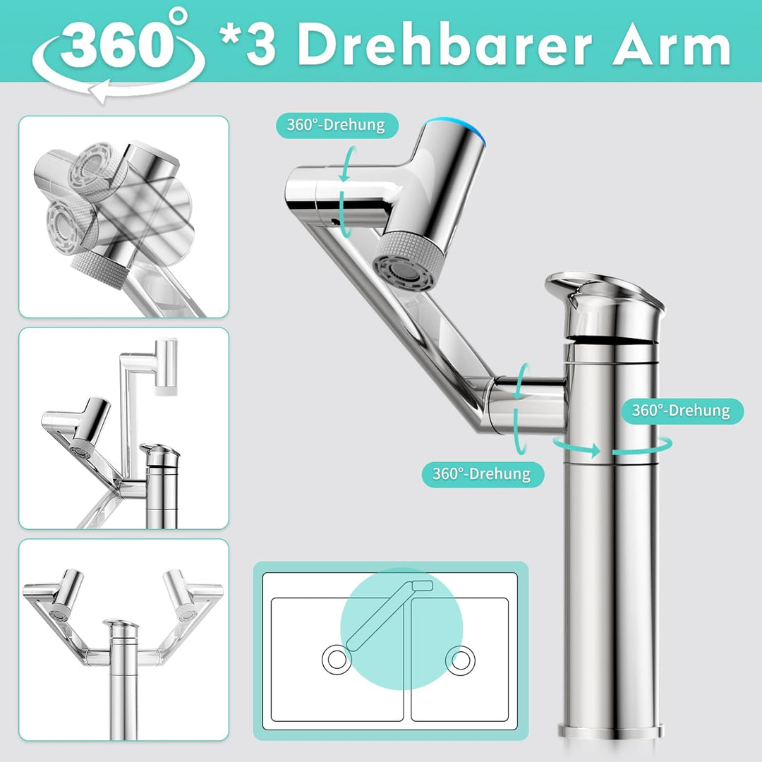KAIYING 1080° Drehbare Waschtischarmatur mit Temperaturanzeige (Batterielos) (Chrom) &amp; KAIYING Wasse