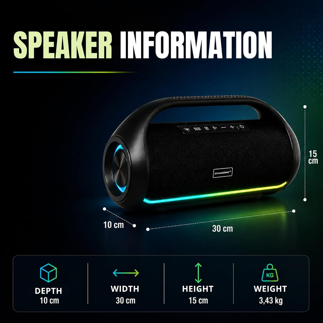 DYNASONIC S90 – IPX7 tragbarer Bluetooth Lautsprecher. Kabelloser Outdoor Lautsprecher. Stereoanlage
