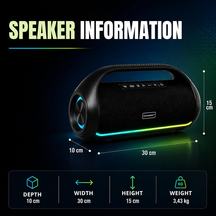 DYNASONIC S90 – IPX7 tragbarer Bluetooth Lautsprecher. Kabelloser Outdoor Lautsprecher. Stereoanlage