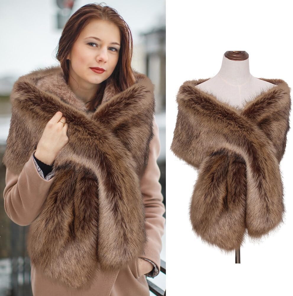 ISAKEN Damen Kunstfell Schals Braut Hochzeit Kunstpelz Schal Wrap Schwarz Braut Pelz Schal Stola Fur