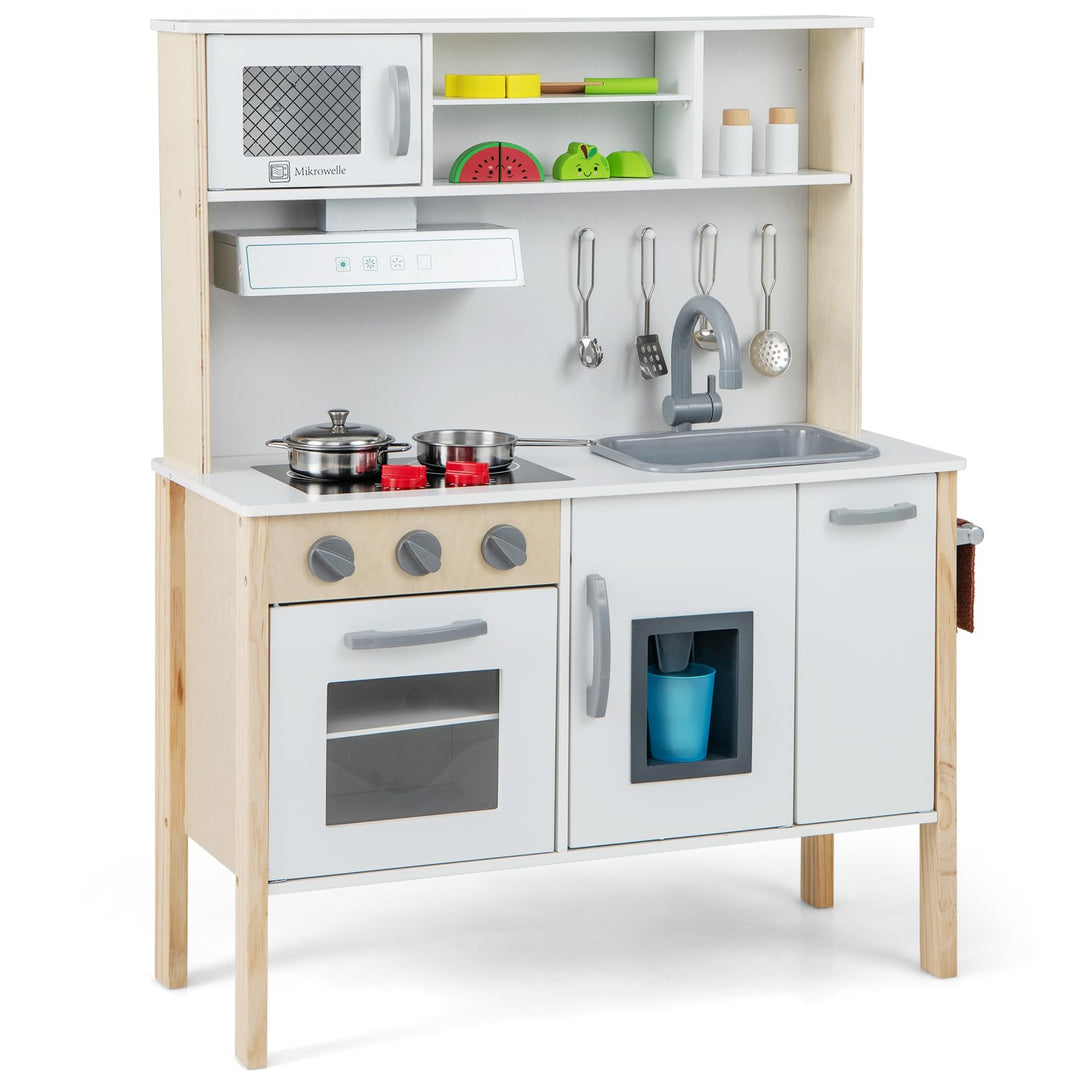 GOPLUS Kinderküche Holz, Kinderspielküche mit Mikrowelle, Spüle, Wasserhahn, Gasherde, Abzugshaube,