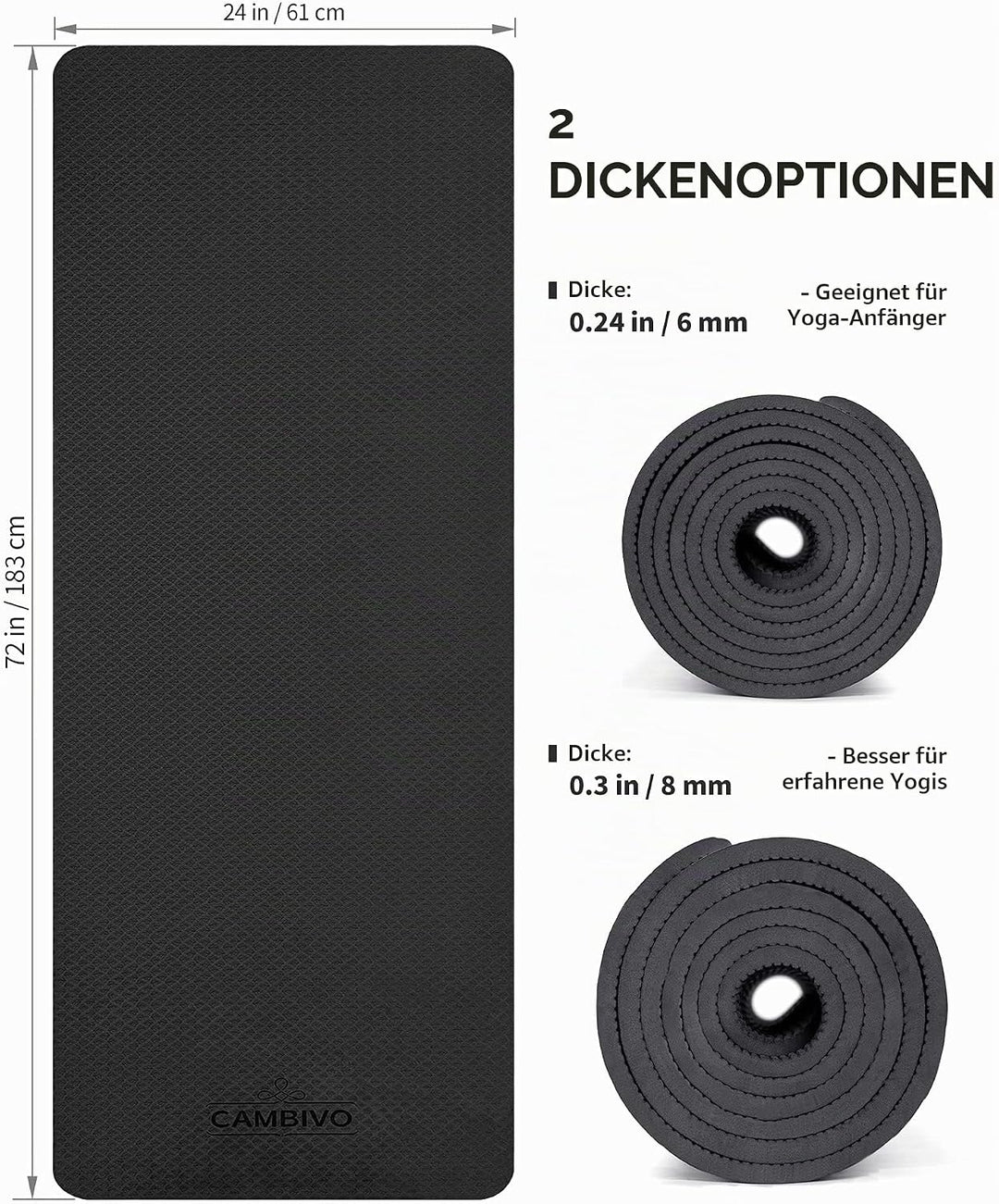 CAMBIVO Yoga Matte 183cm x 61cm, 8mm Dicke Pilates Matte Gymnastikmatte Rutschfest &amp; Gepolstert,Yoga